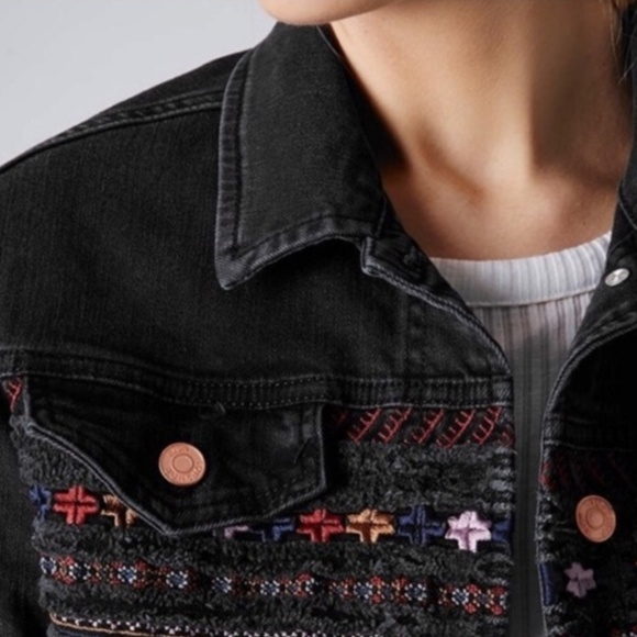 Topshop Moto Black Embroidered Denim Jacket - Picture 3 of 10